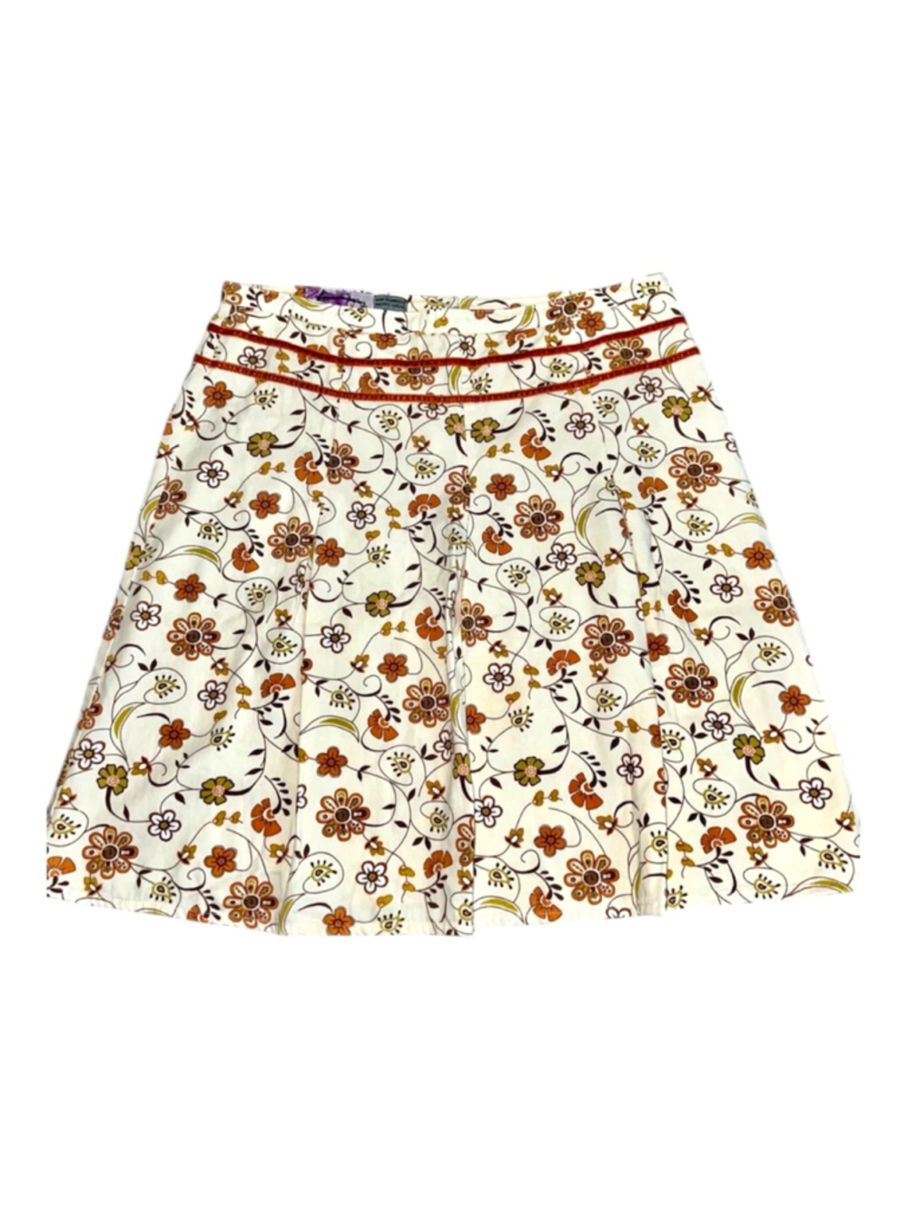 Y2K Cream Orange Floral A-Line Skirt US 6